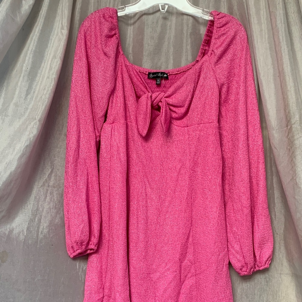 Crystal Doll Hot Pink Tie-Front Long Sleeve Tunic